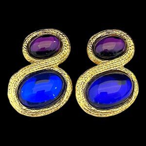 Vintage 1980s Pierced Gold Tone Earrings Gripoix Style Purple Blue - 1D